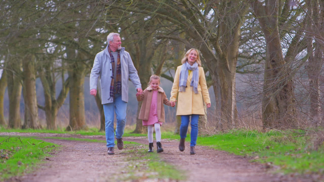 los abuelos balanceando a la nieta afuera caminando por el campo de invierno tomados de la mano