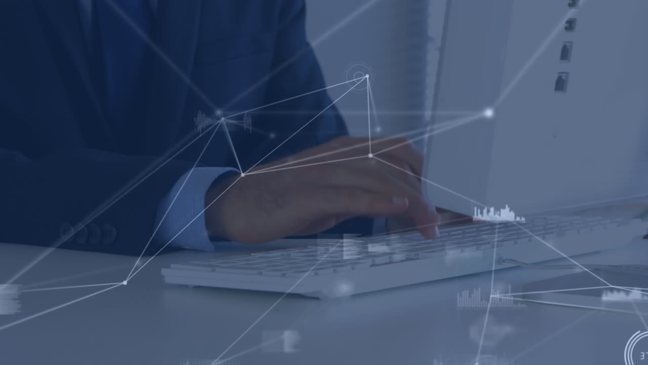 Animation of network of connections over hands of caucasian businessman working