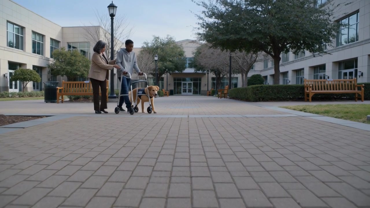 Walking man with rollator entering campus from left to entry, woman steadying man