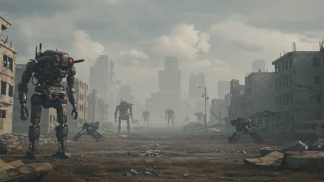 in a post-apocalyptic world, robots survey the desolate landscape of abandoned buildings and crumbling infrastructure, exploring the remnants of humanity's past existence