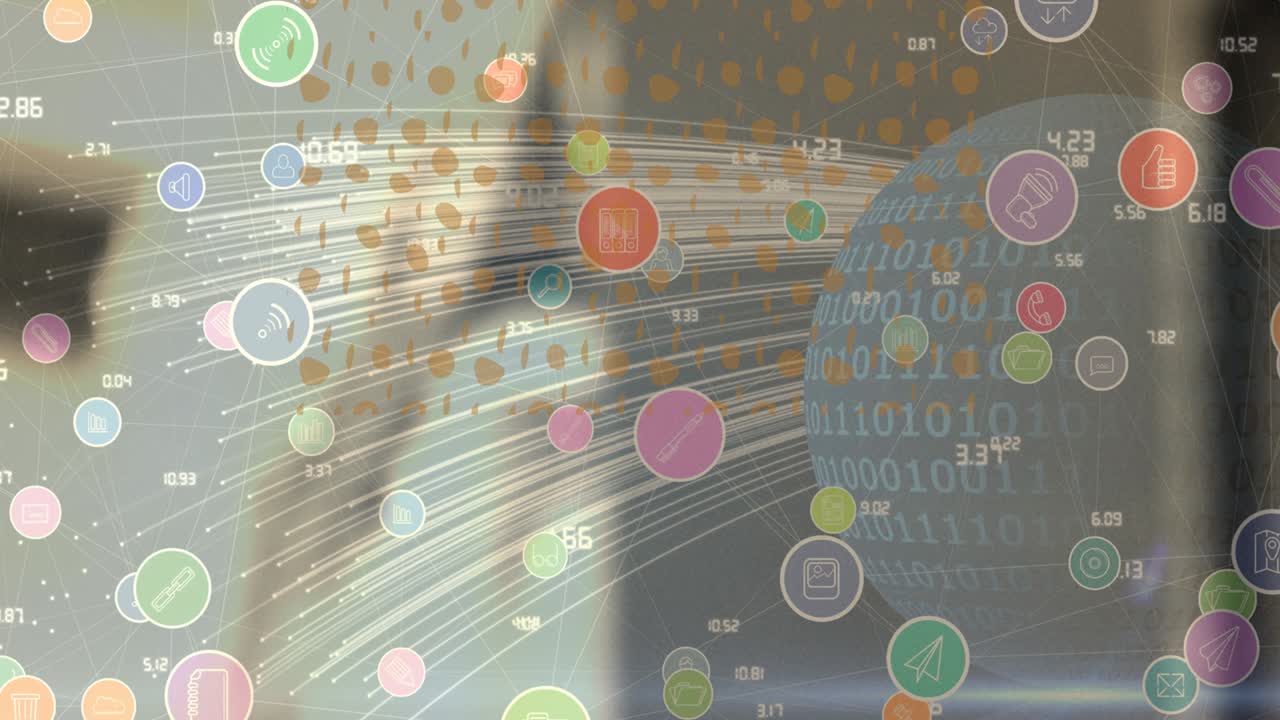 흐릿한 배경 위에 디지털 아이콘으로 연결 네트워크의 애니메이션