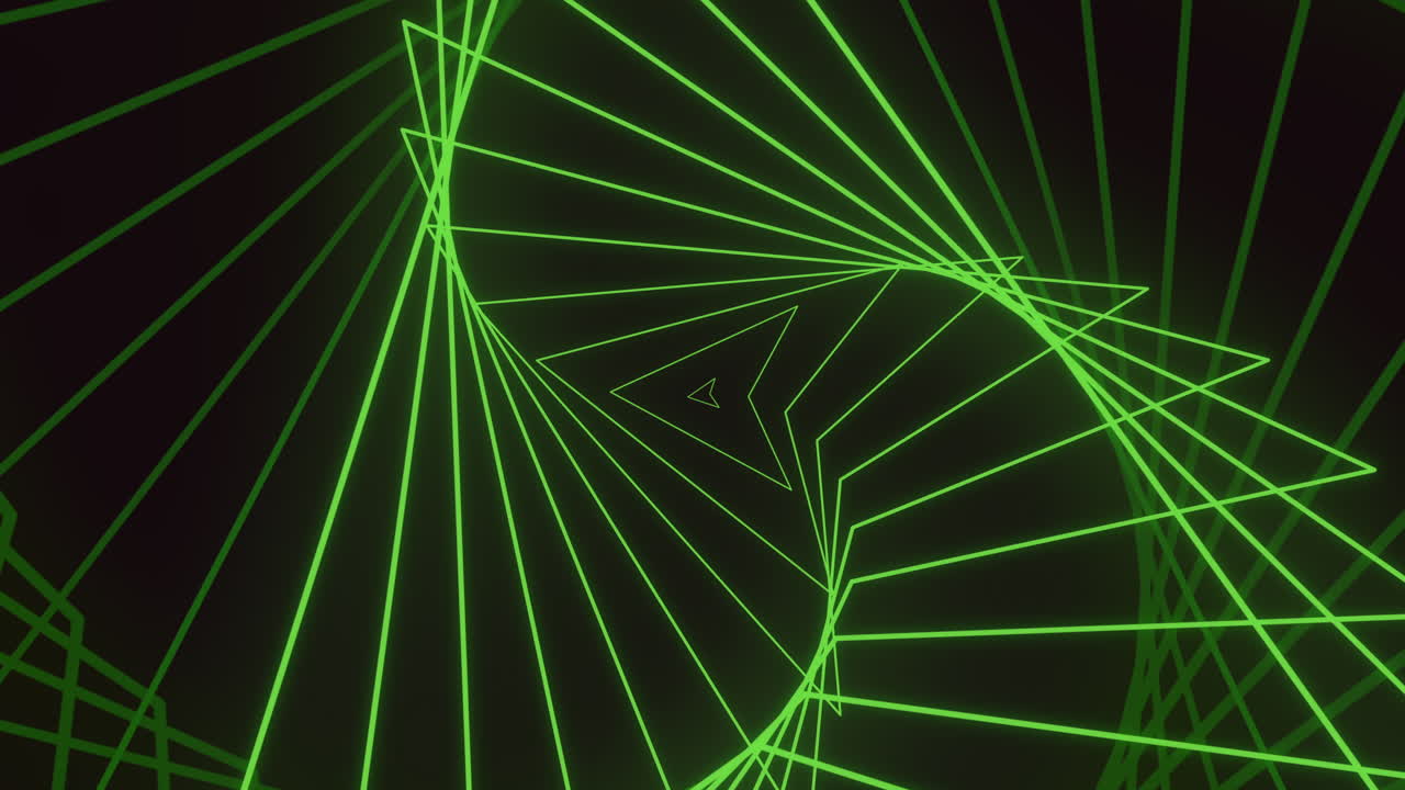 Motivo a triangoli a spirale verde neon su sfondo nero scuro