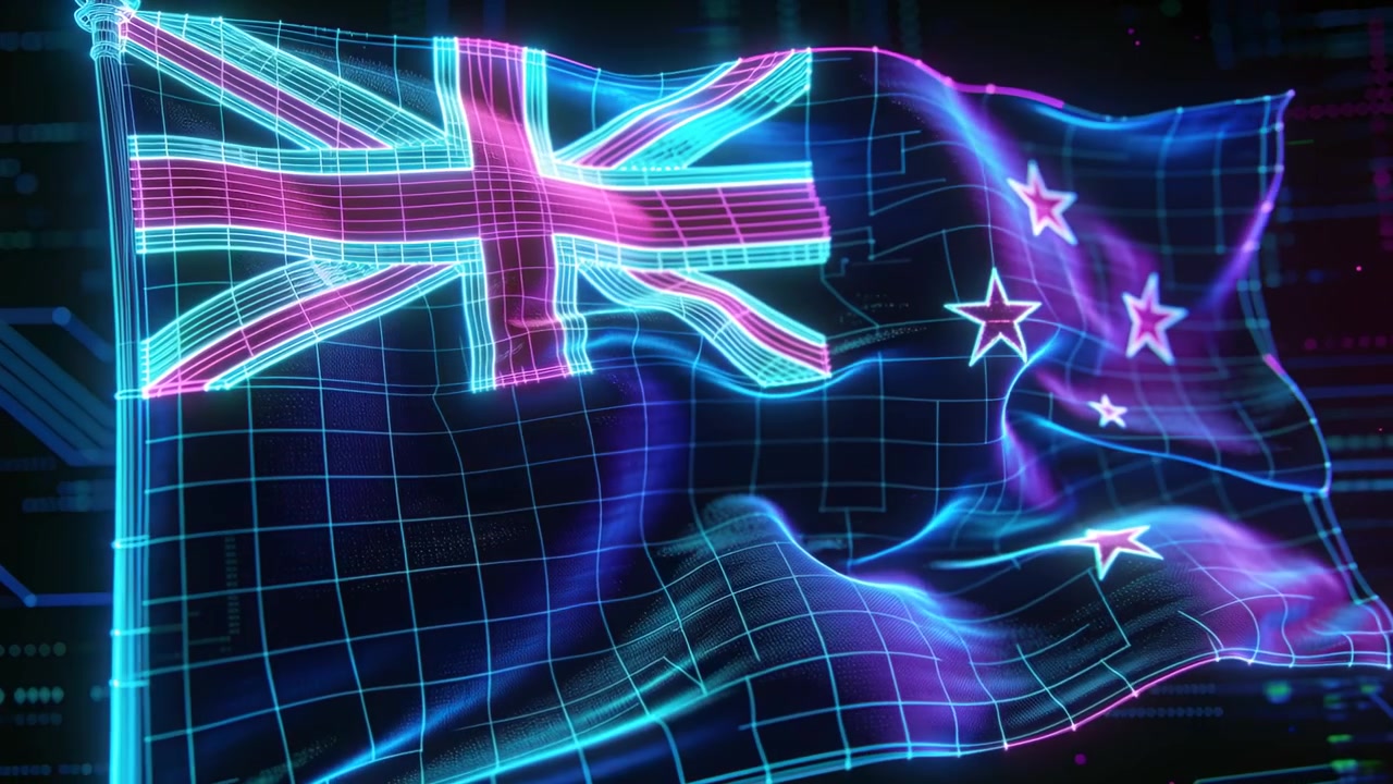 Luci pulsanti che accendono una bandiera olografica al neon che ondeggia a destra nello spazio virtuale, rivelando la Union Jack e una griglia.