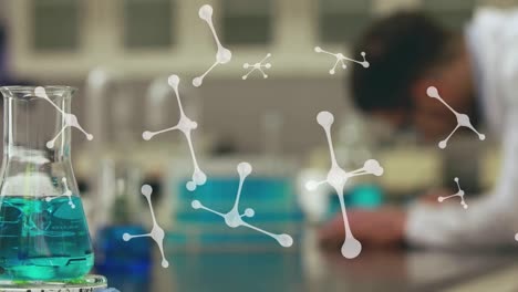 Animation-of-molecules-spinning-over-male-scientist-and-laboratory-beaker