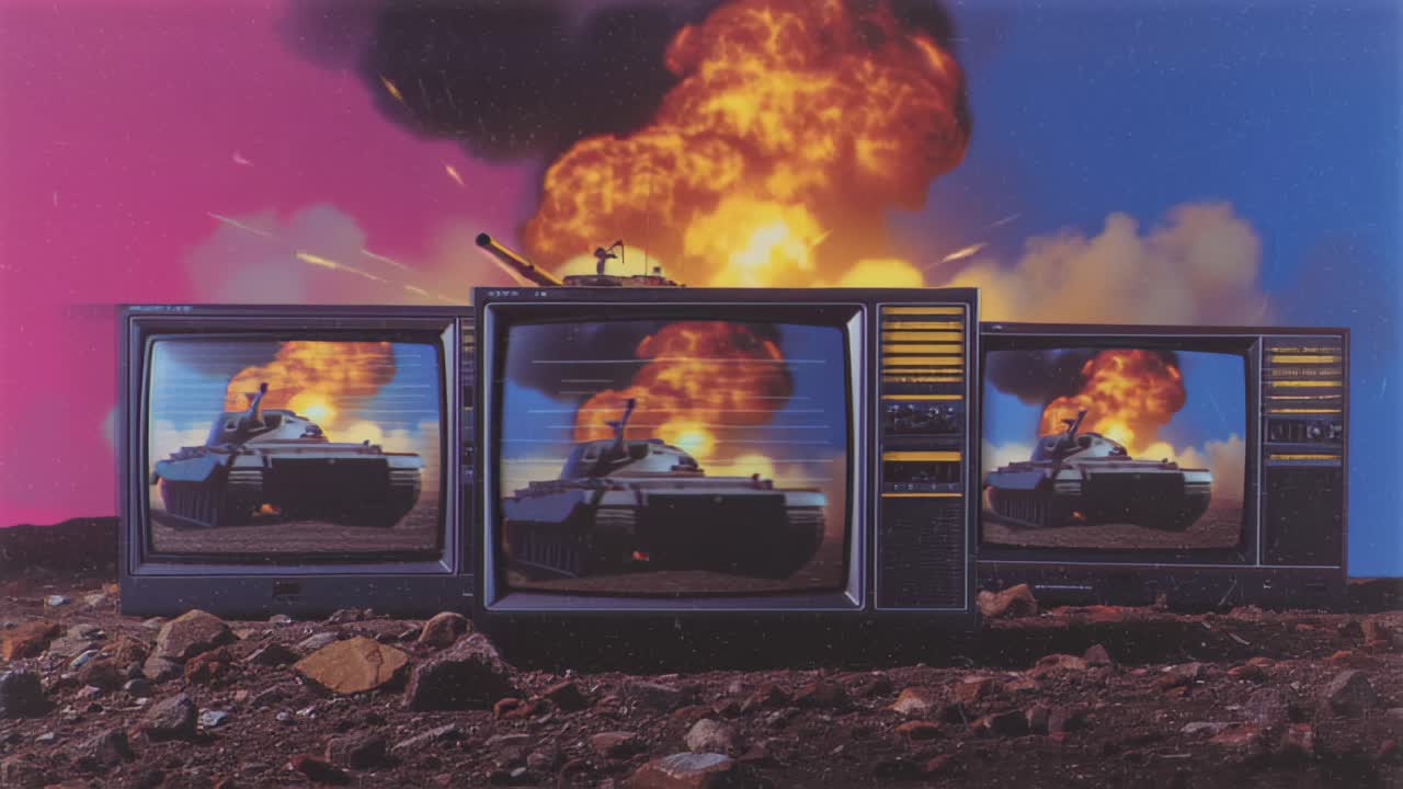 Tre televisori vintage su terreno roccioso mostrano un carro armato e una massiccia esplosione a palla di fuoco, simboleggiando conflitto, propaganda, disinformazione e manipolazione mediatica.