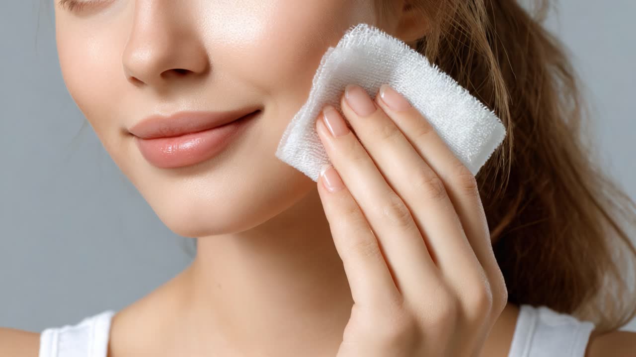 A Close-Up Look at Skincare Rituals: A Young Woman Gently Cleansing Her Face with a Soft Cloth for a Radiant and Healthy Complexion