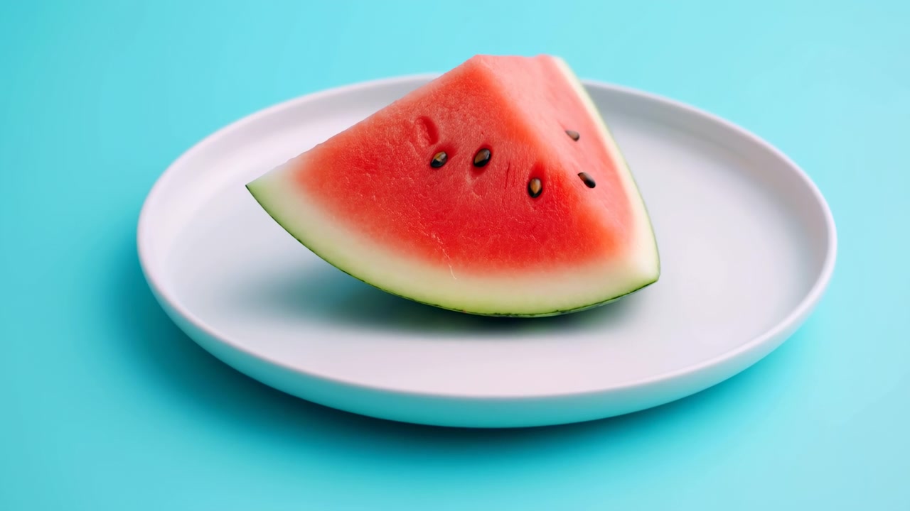 Turquoise Background Watermelon Slice On Plate Bright Summer Stilllife With Ripe Red Flesh And Black Seeds,