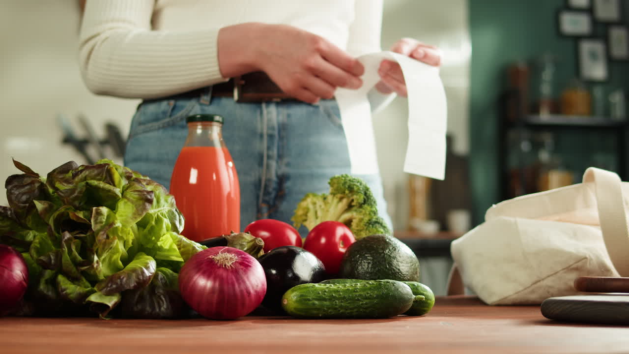 Woman Checking Grocery Receipt with Fresh Produce