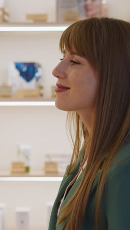 long-haired woman turns to shop assistant listening explanations with smile and nodding head. female customer looks at abundance of dietary supplements closeup slow motion