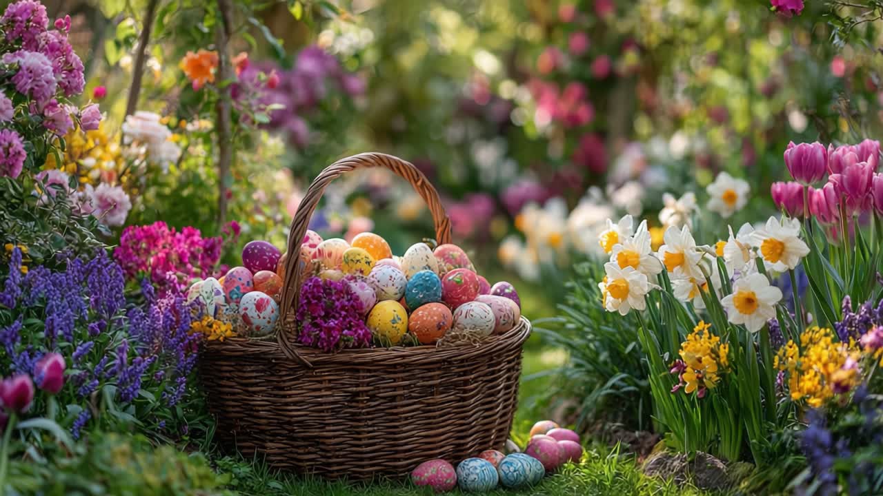 A Vibrant Easter Basket Overflowing with Colorful Decorated Eggs Surrounded by a Beautiful Garden of Blossoming Flowers and Lush Greenery
