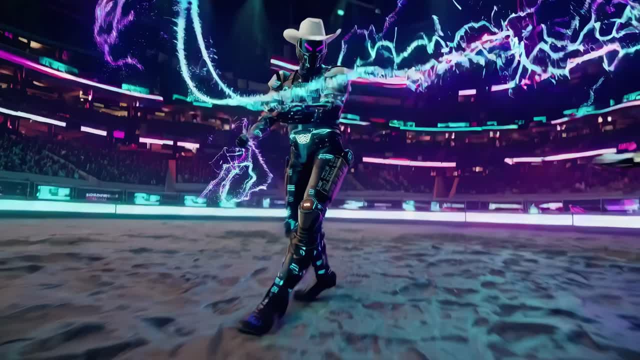 Cyberpunk Cowboy Performance in a Neon Arena