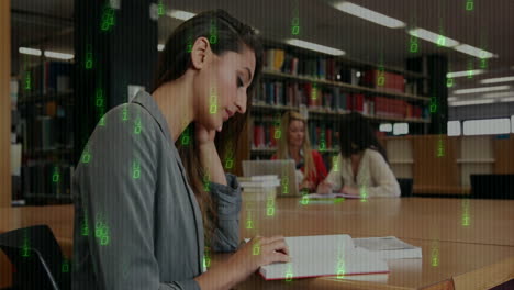 animación de código binario sobre estudiantes que estudian en la biblioteca de la escuela