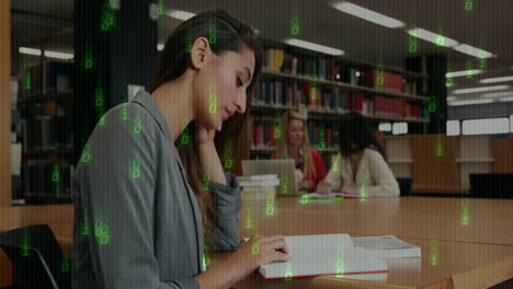 binary code animation over students studying in school library