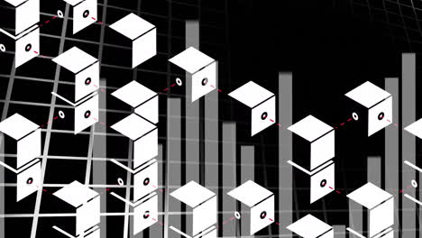 animación de gráficos y cubos financieros sobre fondo negro