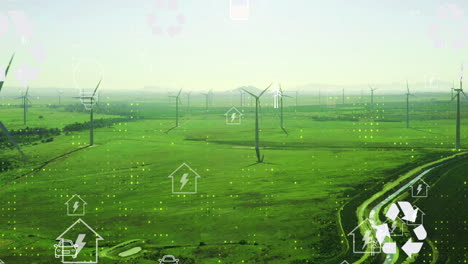 green energy wind farm with electric cars and homes