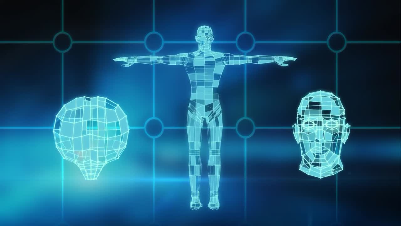 인간 몸과 머리에 대한 데이터 처리의 애니메이션