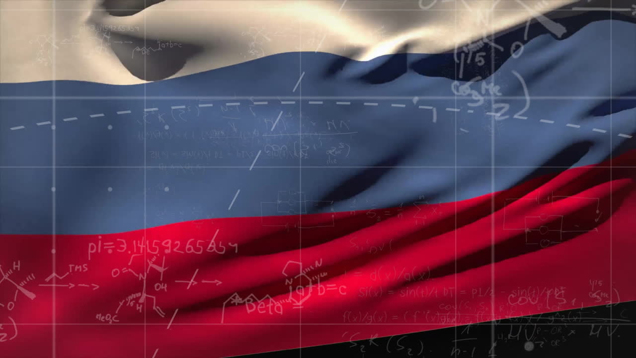 Animation of mathematical data processing over flag of russia