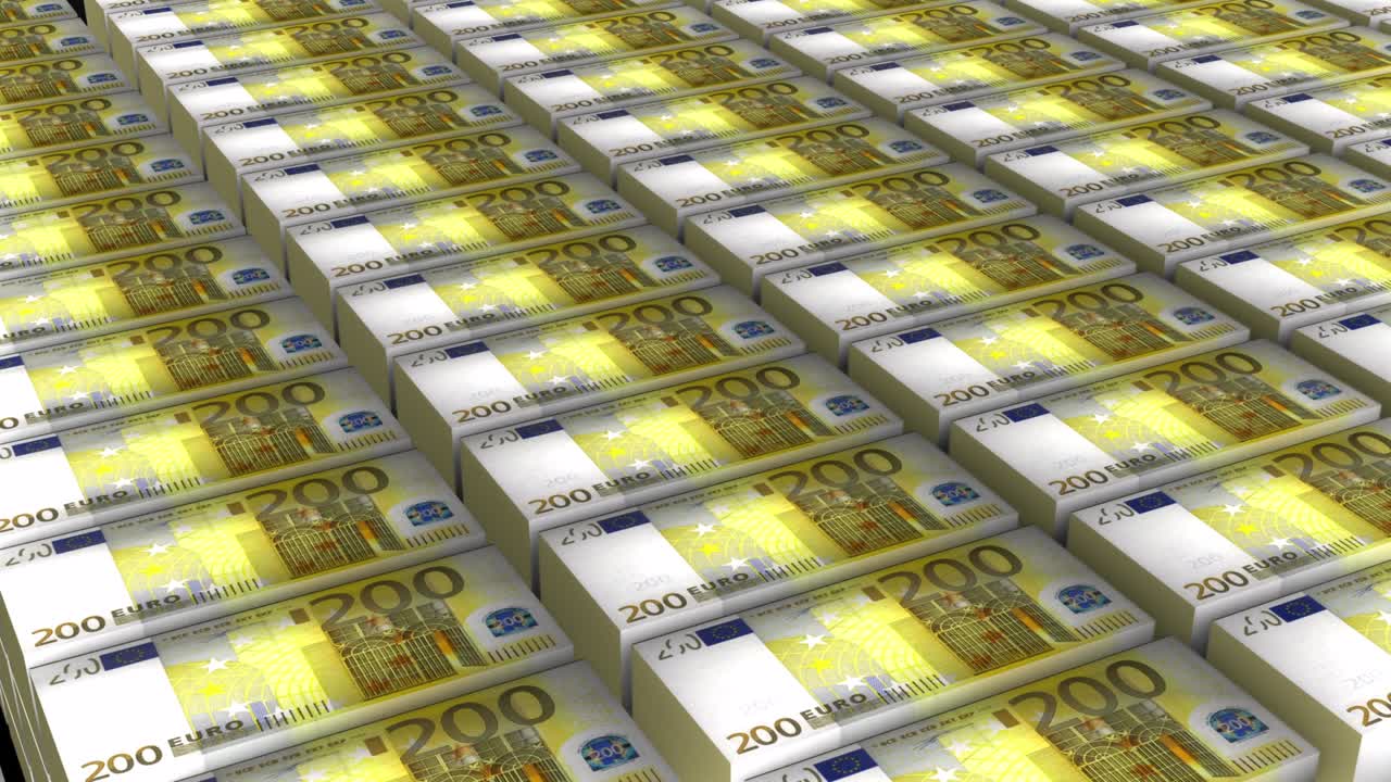 3D Animation of 200 Euro Banknotes Money Stack on White Background