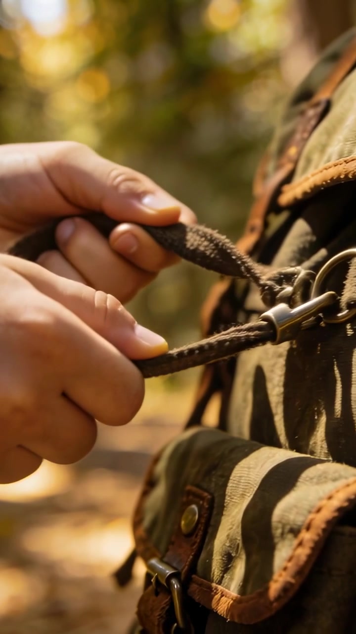 Video verticale: Mani di un escursionista che si allungano per regolare la chiusura di uno zaino di tela nella foresta, aprendo la tasca frontale.