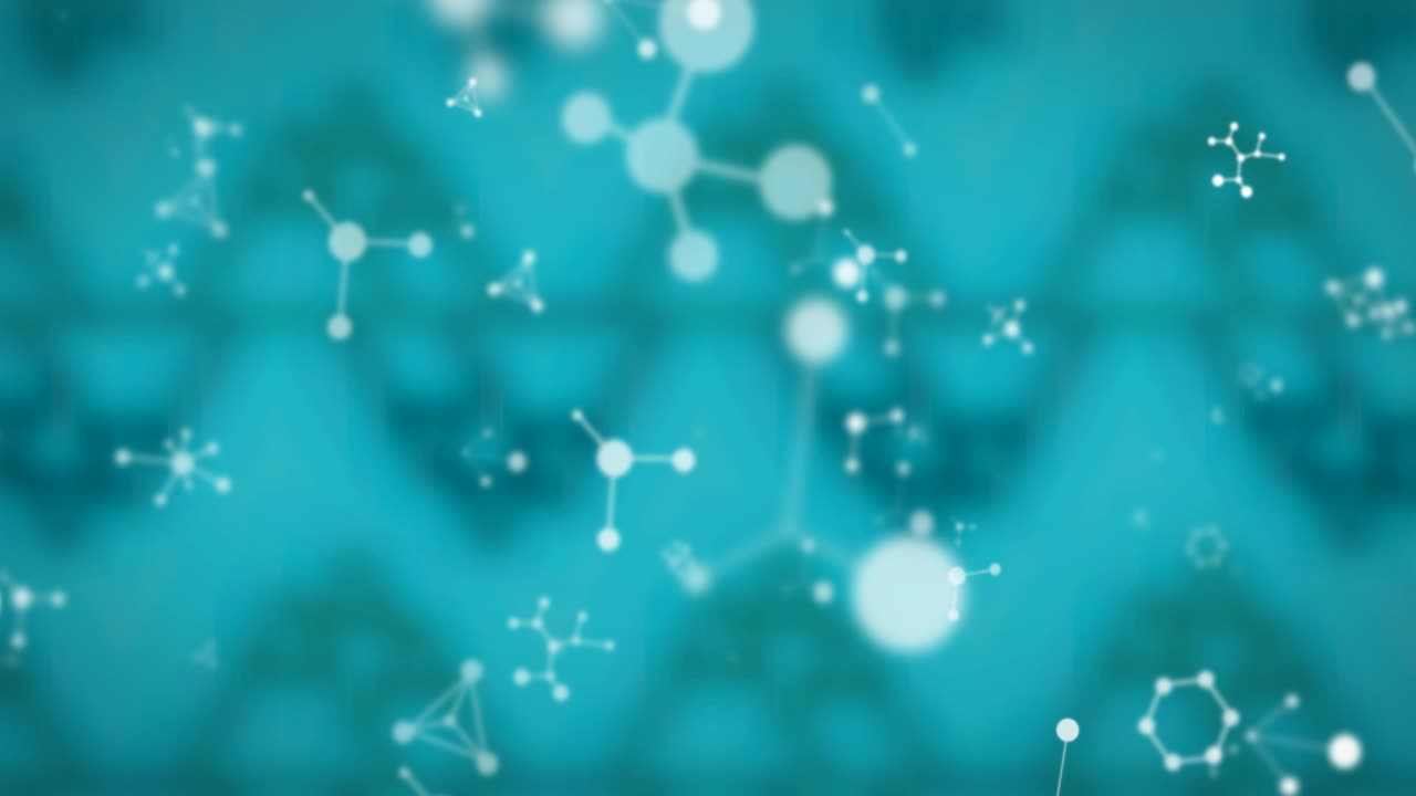 animación de moléculas blancas flotando sobre un fondo azul