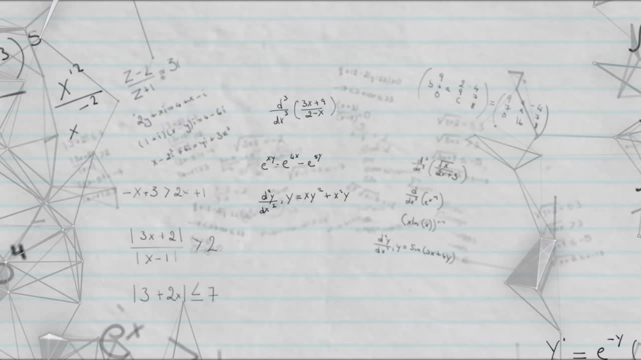 Opening shot panning across lined paper focusing equations for showcasing math pulsing wireframes