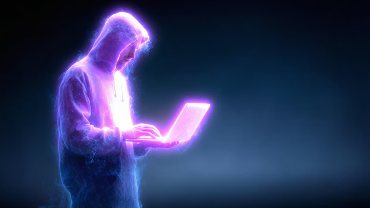 A Mysterious Figure Engaged with a Laptop Surrounded by Ethereal Energy, Representing the Intersection of Technology and Imagination in a Dark Environment