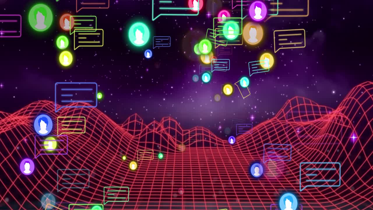 산과 공간 위의 미디어 아이콘과 모양의 애니메이션