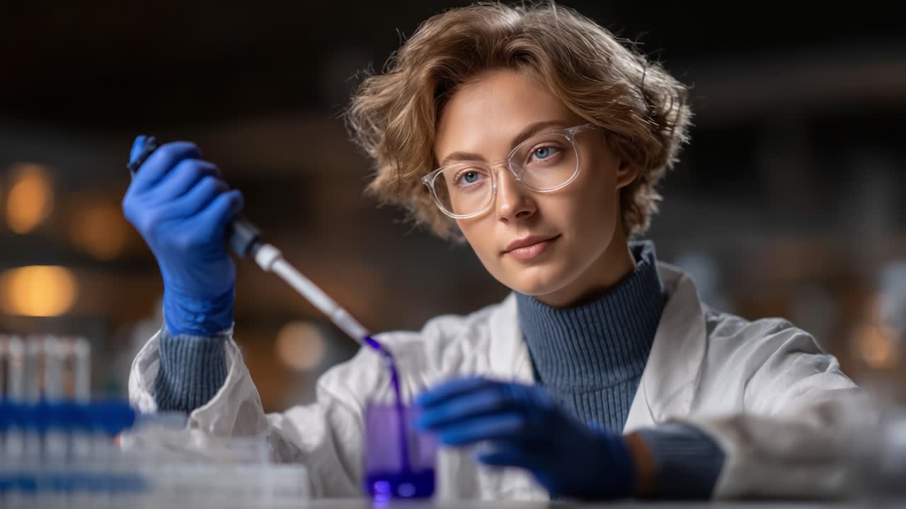 A focused scientist carefully conducting a laboratory experiment, using pipettes to mix chemical solutions, showcasing precision and dedication in scientific research
