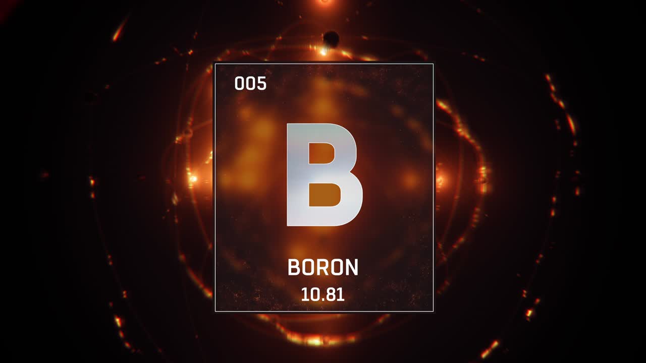 bor como elemento 5 de la tabla periódica animación 3d en fondo naranja