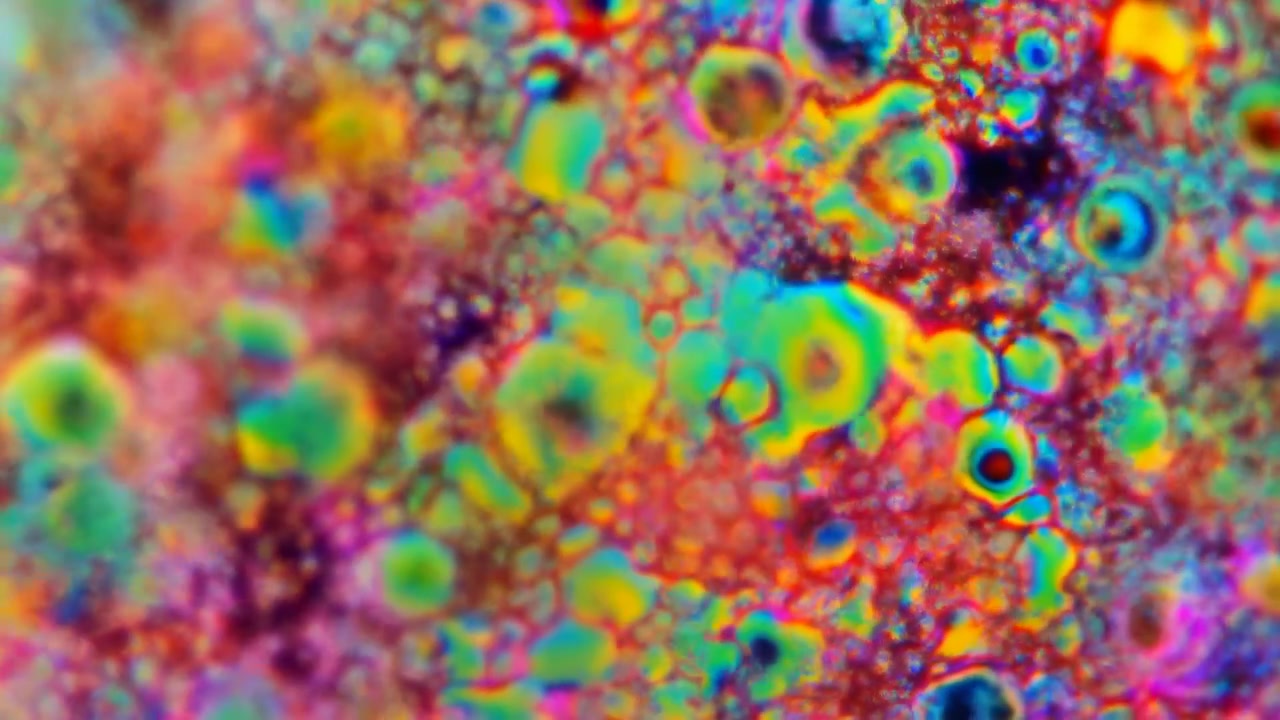 Živé makro olejové kapičky v kaleidoskopu ukazující duhové bubliny, pigmentové víry, lesklé textury.