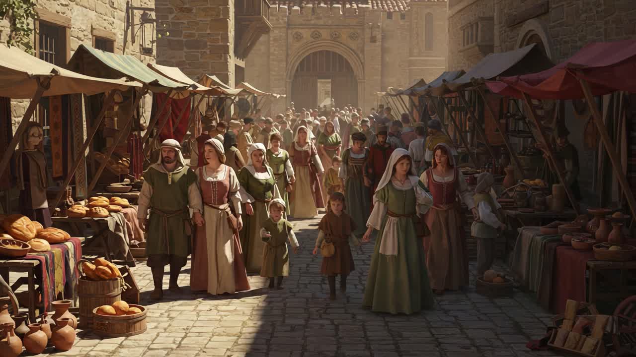 A Vibrant Medieval Market Scene Filled with Townspeople Engaging in Daily Life, Showcasing Colorful Stalls and Traditional Costumes, Bringing History to Life