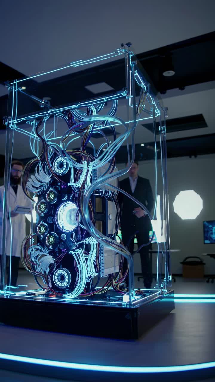 Futuristic tech setup with glowing wires in a glass case. Shot from a low angle, creating a sci-fi