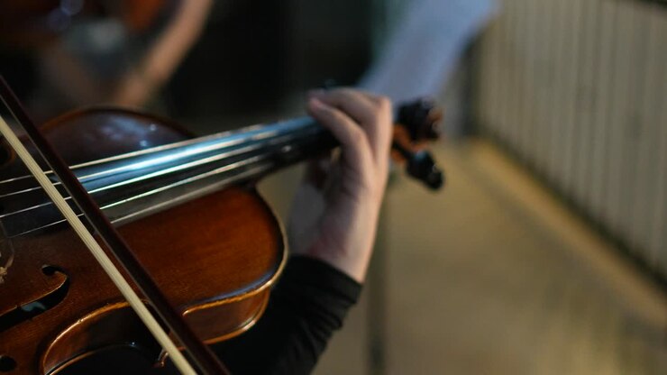 Female orchestra violinist performing music in catholic church during wedding