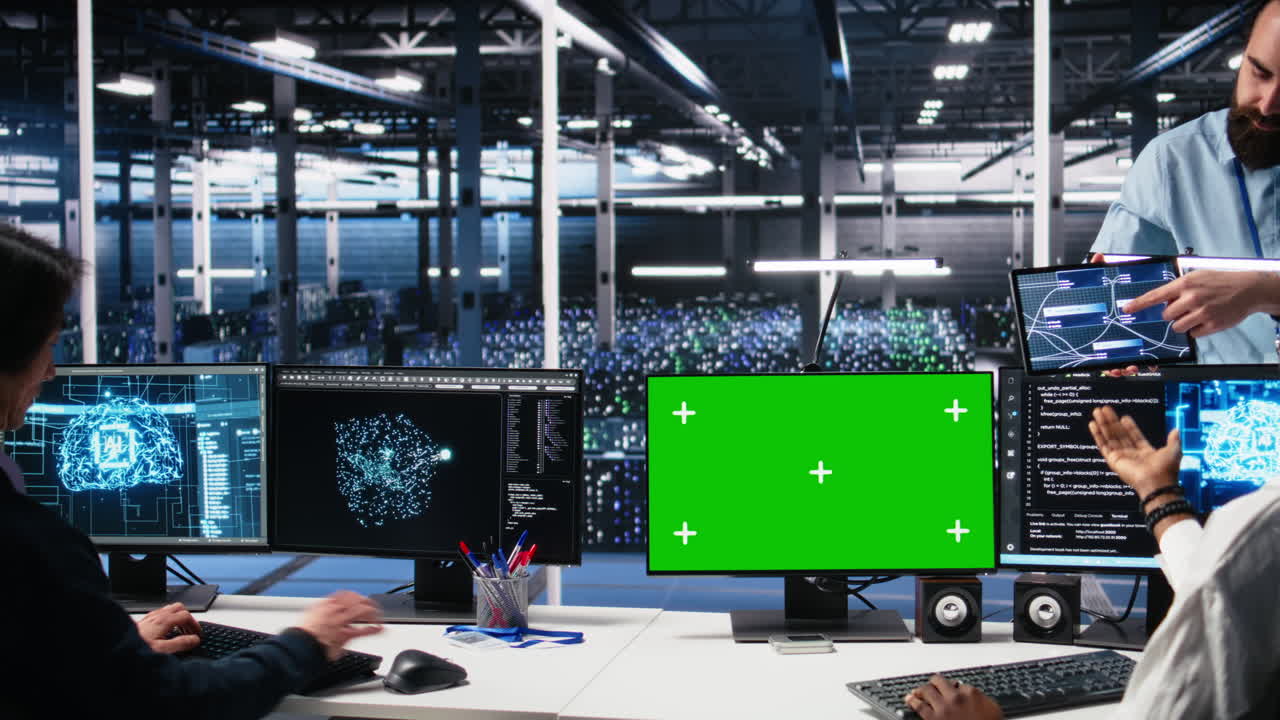 Data Center Software Developer Managing Ai Systems Using Green Screen Pc