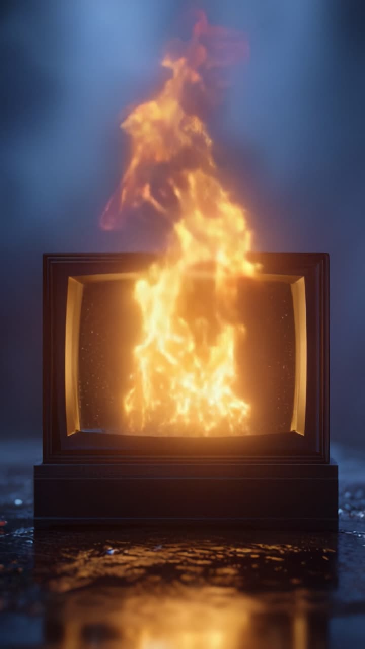 Et fascinerende visuelt billede af levende flammer, der bryder ud fra et gammelt fjernsyn, kaster en varm glød, i kontrast til den kølige atmosfæriske baggrund i en surrealistisk setting