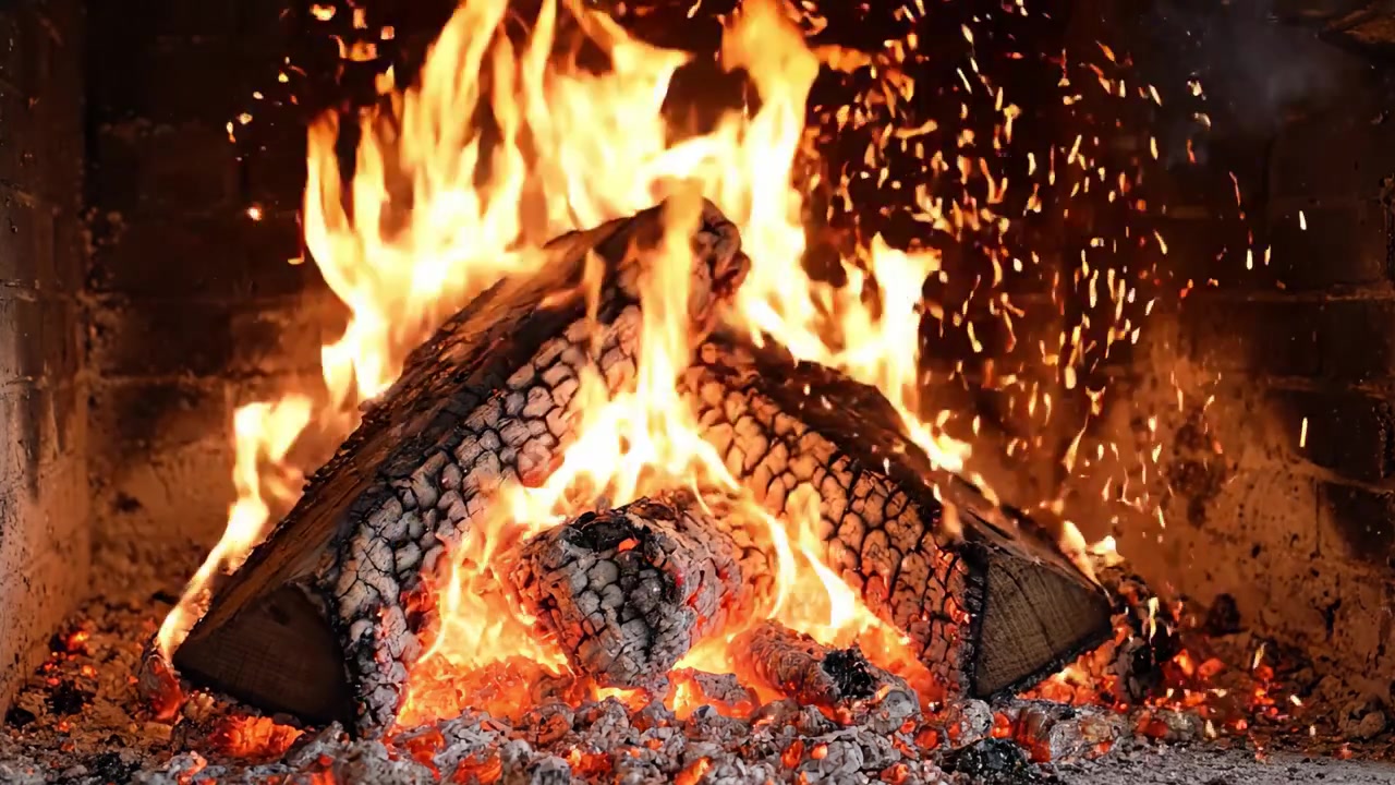 Un'immagine accattivante di un fuoco scoppiettante di legna in un focolare, che mostra fiamme vivide che danzano sopra ceppi carbonizzati e braci ardenti, creando un'atmosfera calda e invitante.