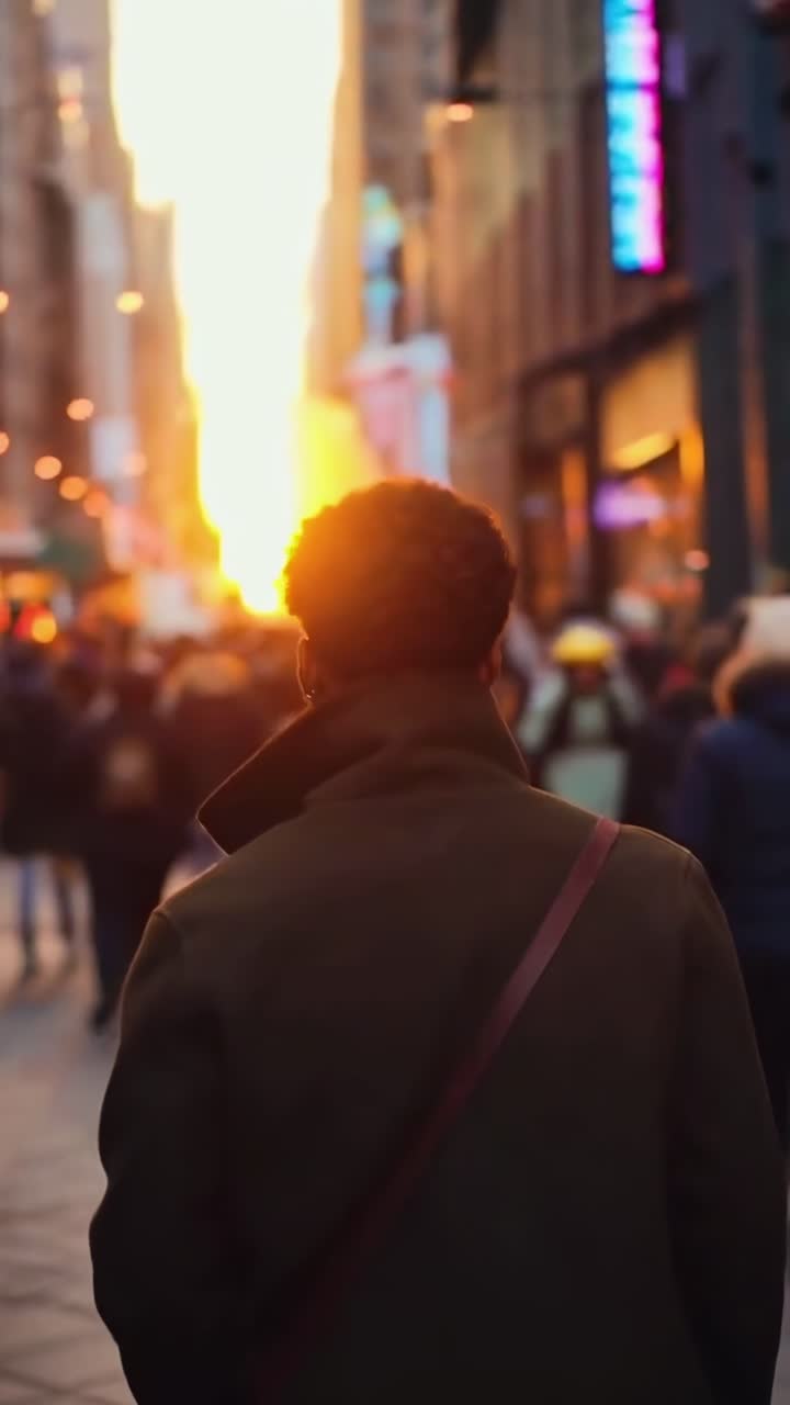 Vista posteriore di una persona in una via della città, con un'angolazione bassa che cattura luci vivaci in stile video