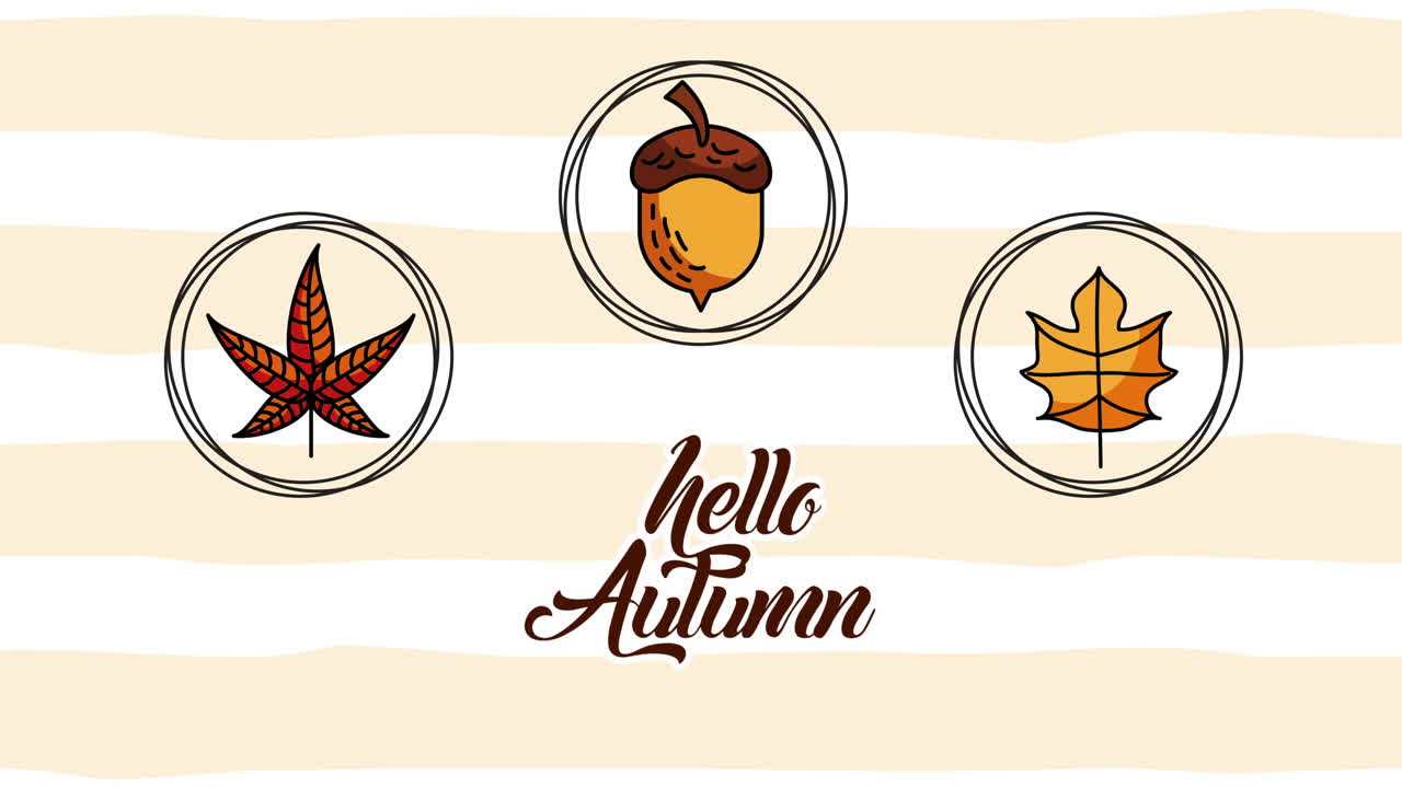 hola temporada de otoño con hojas y animación de semillas