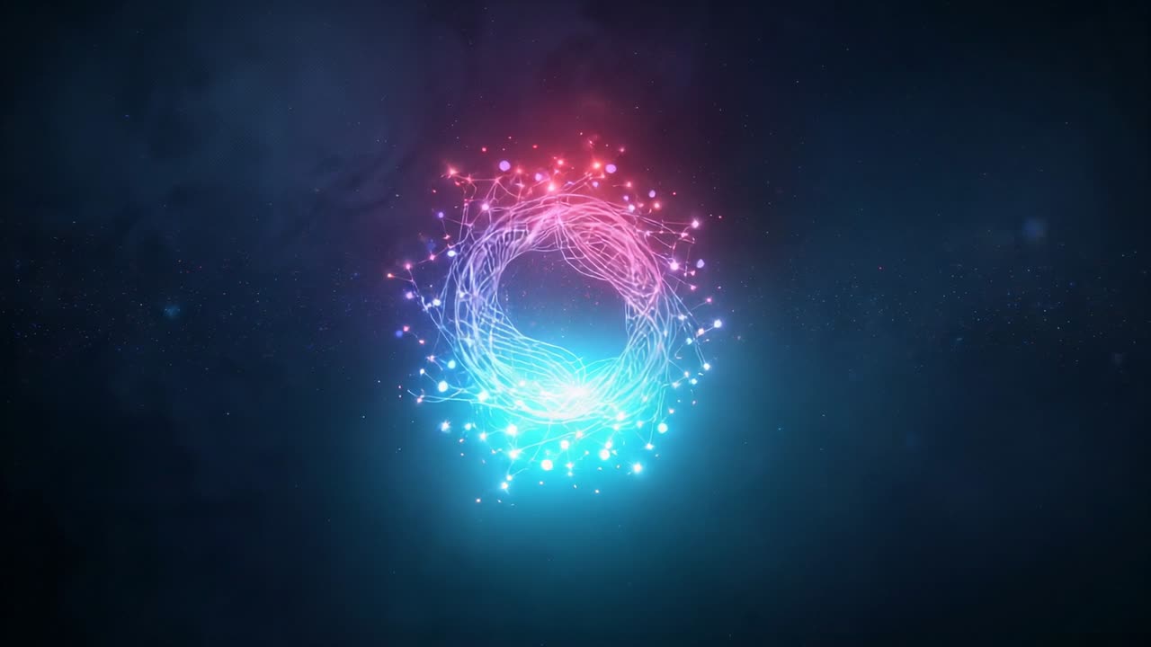 Emerging glowing ring swirling light strands in void emitting luminous nodes and spark particles