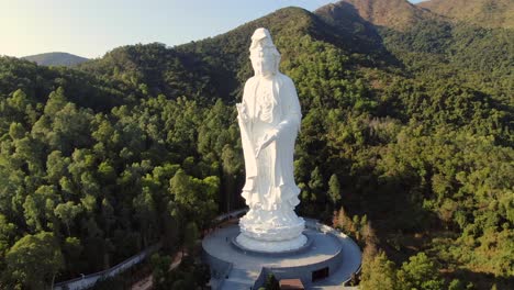 Aerial-view-of-Hong-Kong-Tsz-Shan-monastery-and-the-famous-Avalokitesvara-Guan-Yin-Statue,-Goddess-of-mercy