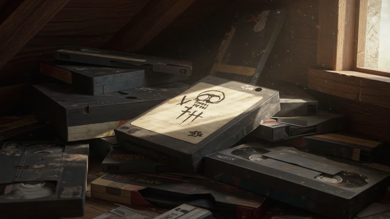 A Dusty Attic Filled with Vintage VHS Tapes, Showcasing Nostalgic Artwork on a Dominant Cassette Amidst a Collection of Forgotten Media