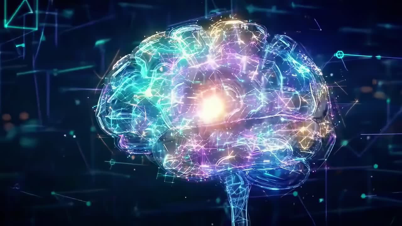 Video futuristico di un cervello digitale luminoso, angolazione laterale, con connessioni neurali vivaci