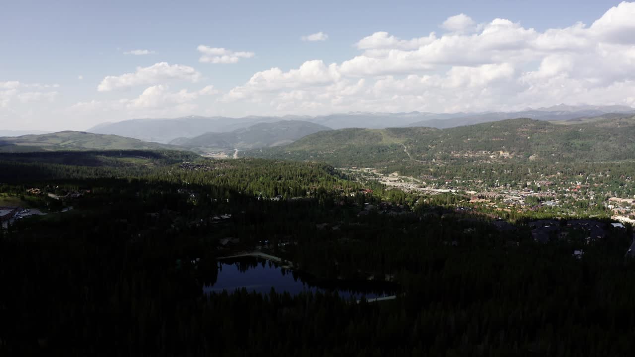 Wide drone shot of Breckenridge, Colorado with the Sawmill Reservoir sitting in the mountain's shadow