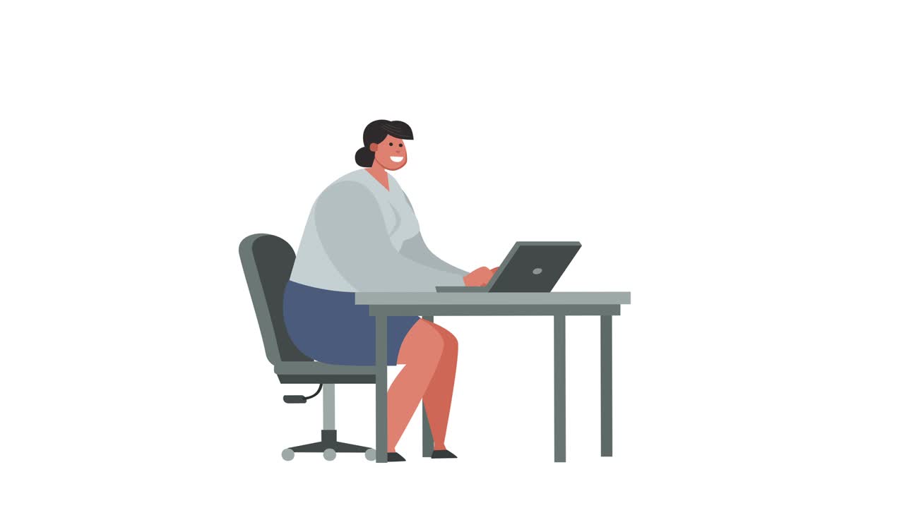 dibujos animados aislados mujer gorda plana trabajo de personaje de laptop lugar de trabajo animación de bucle con luma matte
