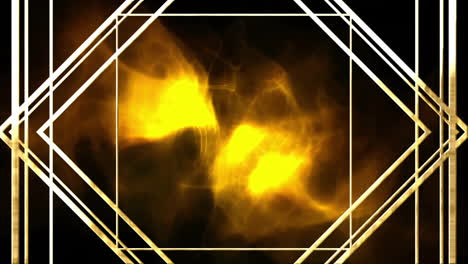 animation of golden shapes over light trails on black background