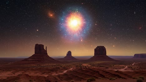 stunning cosmic explosion illuminates desert landscape, creating a mesmerizing night sky with celestial wonders and majestic rock formations