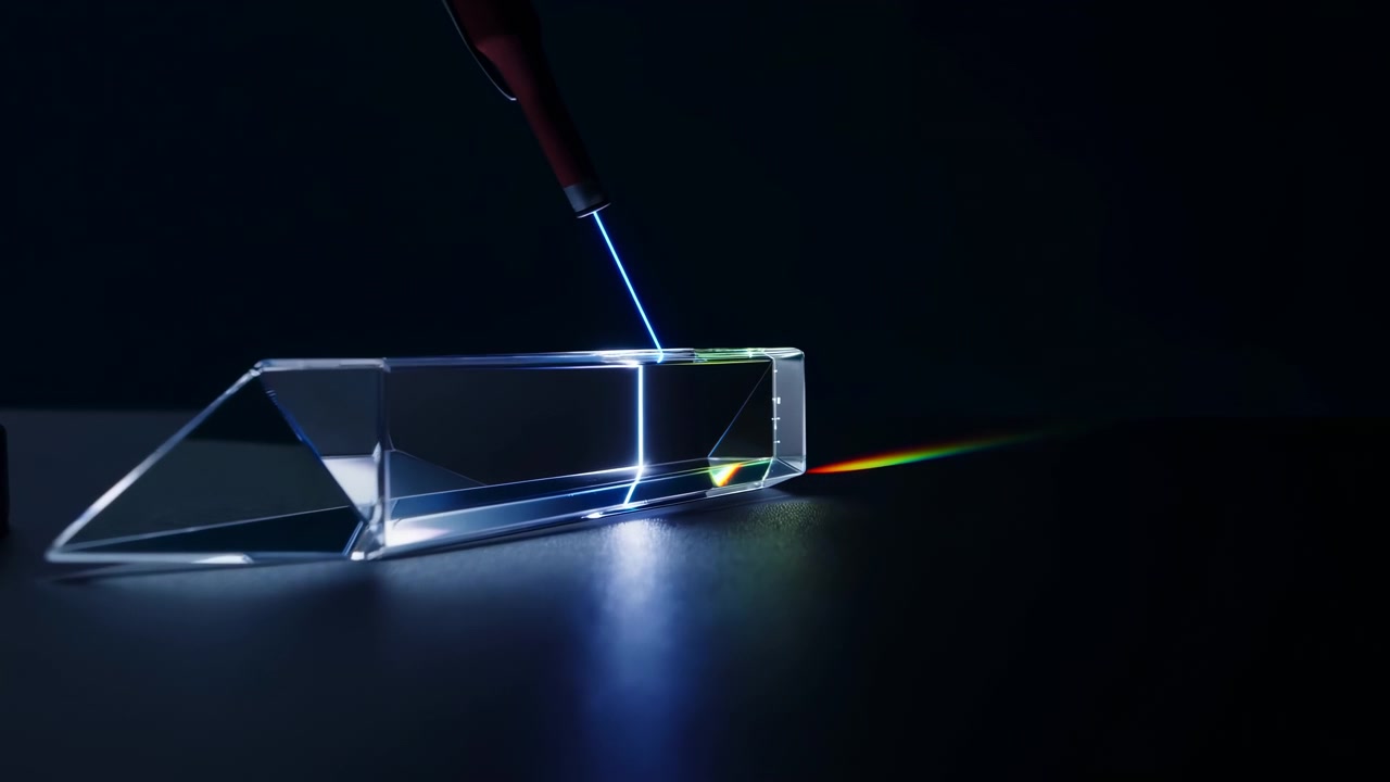 Close-up motion scene of clear rectangular triangular glass prism positioned center-right on dark matte tabletop being struck by narrow blue laser beam from