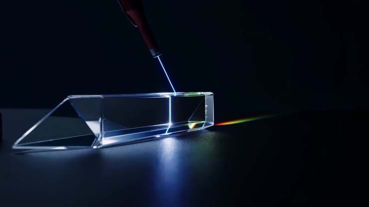 Close-up motion scene of clear rectangular triangular glass prism positioned center-right on dark matte tabletop being struck by narrow blue laser beam from