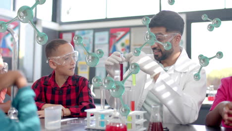 Scientist demonstrating experiment to children over molecular structure animation