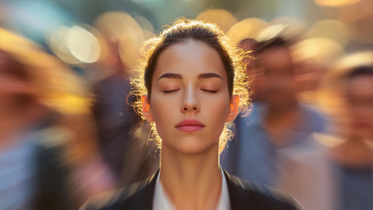 A young woman finds tranquility amidst the bustling crowd, embodying calmness and focus in a fast-paced environment while surrounded by blurred figures, emphasizing inner peace